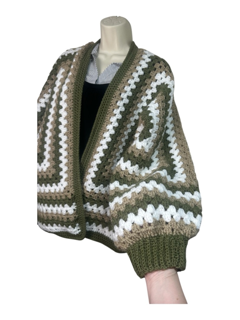 Handmade Acrylic Crochet Hexagon Cardigan in Olive, Taupe & White